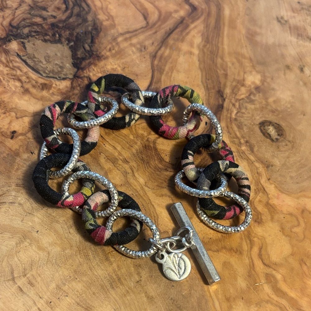 Vera Bradley Black and Pink Fabric Bracelet with Silver Accents